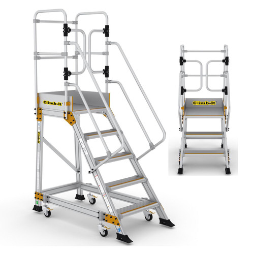 Climb IT GPC 3 to 5 Tread Climb-It Weight Reactive Platform Safety Steps, a sturdy mobile safety step with multiple steps, handrails, and a weight-reactive platform for secure climbing and work at height.