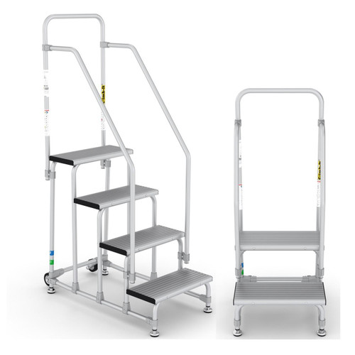 Climb IT GPC 2 to 4 Tread Climb-It Working Safety Steps Inc Handrail, portable aluminum step ladder with four steps, safety handrails on each side, and non-slip treads for safe climbing and work safety.