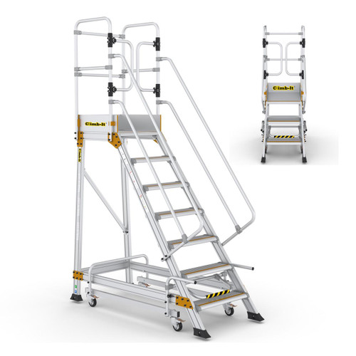 Climb IT GPC 3 to 7 Tread Climb-It Platform Safety Steps with Safety Lock, adjustable aluminum mobile ladder with safety rails, steps with anti-slip surface, and safety lock mechanisms.