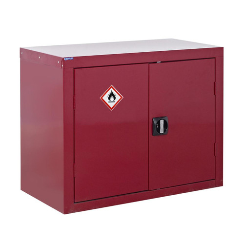 QMP 700x900x460mm Flammable Liquid Storage Cupboard, red safety storage cabinet with hazard warning symbol for flammable liquids and a lockable door for secure chemical storage.