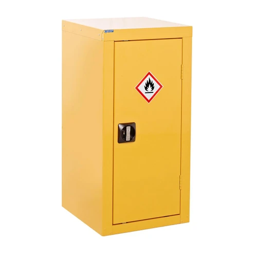 QMP 570x850x255mm Wall Mount Hazardous Substance Storage Cupboard, yellow safety cabinet with fire hazard warning sign and lockable door.