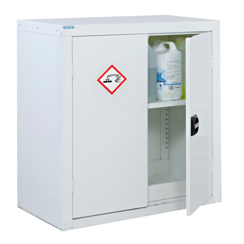 QMP 900x900x460mm Acid / Alkali Storage Cupboard, white chemical storage cabinet with a partially open door revealing bottles of chemicals inside.