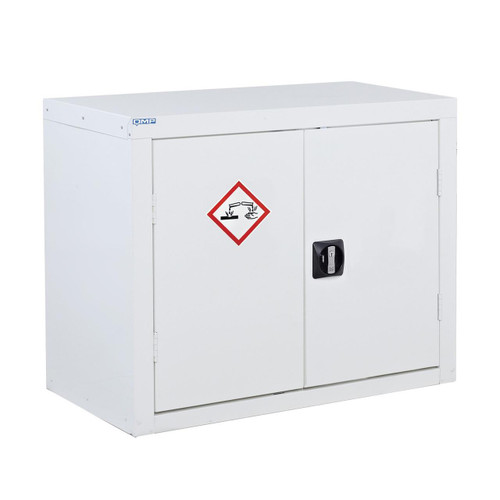 QMP 700x900x460mm Acid / Alkali Storage Cupboard, white metal cabinet with hazardous chemical warning sign and lockable doors.