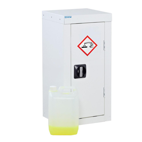 QMP 700x350x300mm Acid / Alkali Storage Cupboard, white metal storage cabinet with hazard symbol and a chemical container in front.