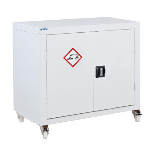 QMP 840x900x460mm Mobile Acid / Alkali Storage Cupboard, white metal cabinet with warning label and lockable doors, on caster wheels for laboratory or industrial use.