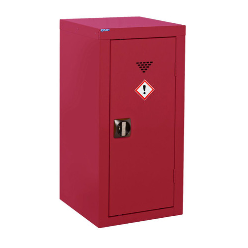 QMP 900x460x460mm Pesticide & Agrochemical Storage Cupboard, safety storage cabinet in red with hazard warning label and locking mechanism.
