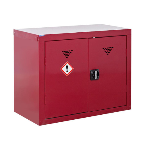 QMP 700x900x460mm Pesticide & Agrochemical Storage Cupboard, red metal storage cabinet with lockable double doors, ventilation slots, and safety warning label.