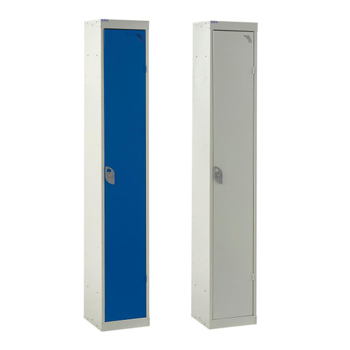 QMP 1800x300x450mm 1 Door Express Locker, metal storage locker with blue and gray doors, lock mechanism, and durable construction.