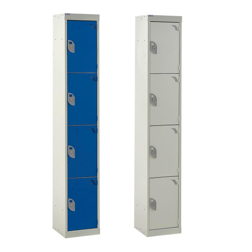 QMP 1800x300x450mm 4 Door Express Locker, metal storage locker with four compartments, two shown in blue and two in gray, featuring secure locks and ventilation slots.