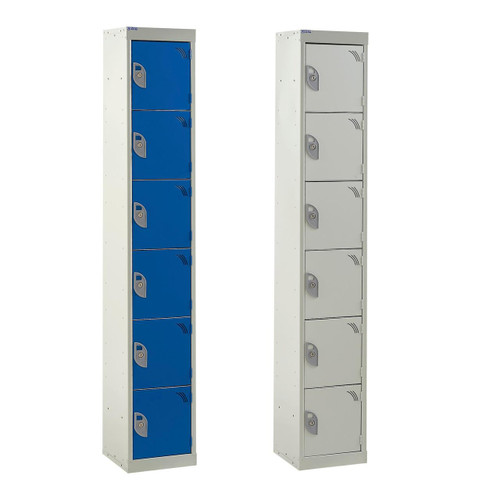 QMP 1800x300x450mm 6 Door Express Locker, metal storage lockers with 6 individual lockable compartments, blue and gray color options for secure storage.