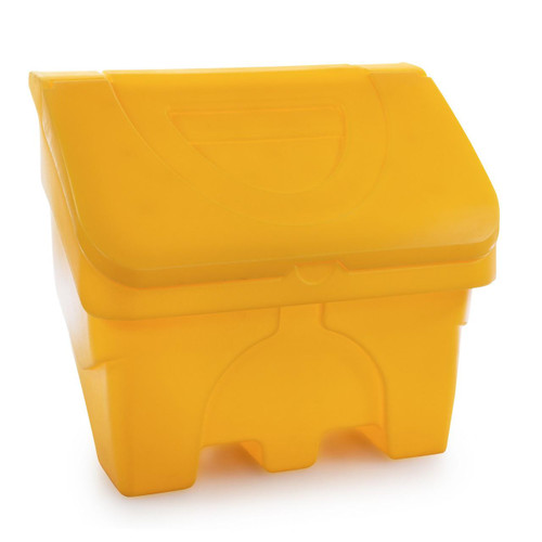 Jonesco 200 Litre 250kg 7 CuFt Grit Salt Storage Bin, bright yellow plastic storage bin with a lid designed for storing grit or salt.