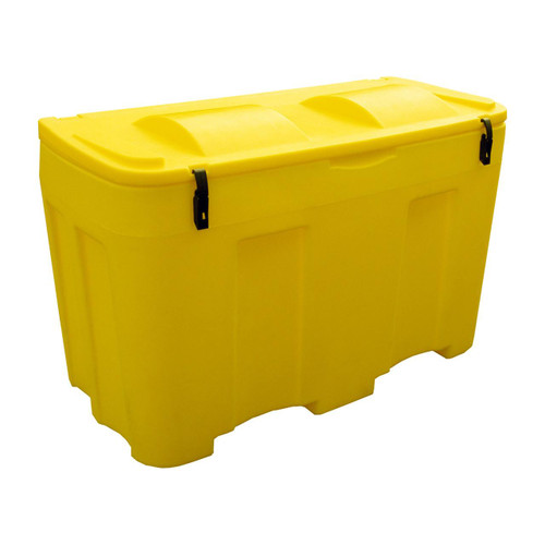 Jonesco 400 Litre 500kg 14 CuFt Grit Salt Storage Chest Bin, yellow plastic storage bin with secure latch for outdoor salt and grit storage.