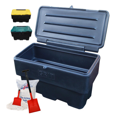 Excelsior 169 Litre 6 CuFT Black Recycled Grit Storage Bin - Optional Salt, large black plastic grit storage bin with a hinged lid, accompanied by smaller yellow and green containers for storage, with ice melt and shovels in front.