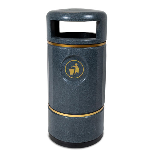 Roadware Ullswater 90 Litre Classic Heritage Litter Bin, outdoor waste disposal bin with a dark grey speckled finish and a gold icon of a person throwing trash into a bin.