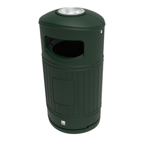 Leafield Heritage Oval Door Opening Outdoor Litter Bin 85 Litre, green outdoor waste bin with oval door and opening for trash disposal.