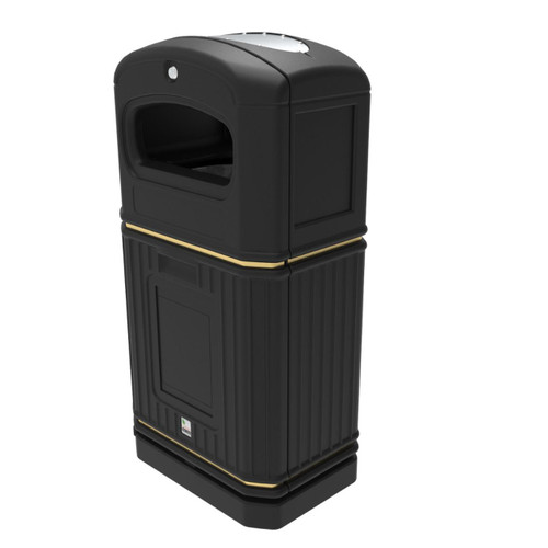 Leafield Heritage Slimline Door Opening Outdoor Litter Bin 72 Litre, black outdoor litter bin with door opening design and gold accents.