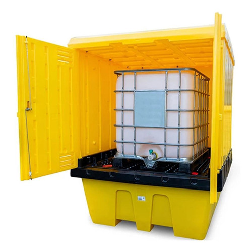Jonesco Lockable Hard Covered IBC Bunded Spill Pallet HC1-YE-YE, a yellow industrial spill containment pallet with a lockable cover and an IBC tank securely stored inside.