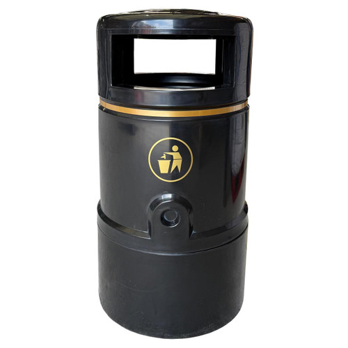 Roadware Grasmere 120 Litre Outdoor Heritage Litter Bin, black outdoor waste bin with a gold litter icon, designed for public outdoor spaces and made of durable materials.