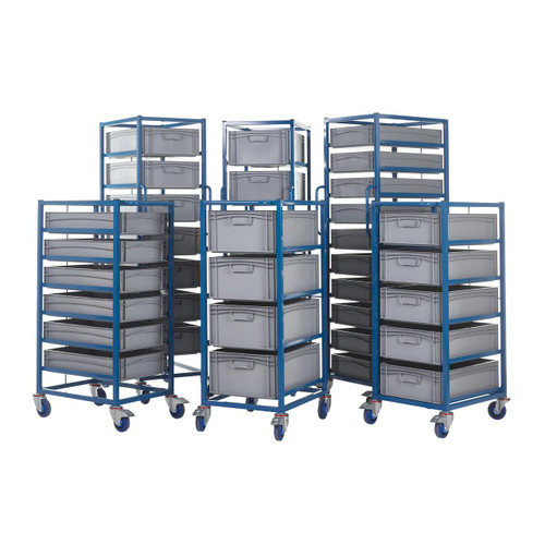 GPC Tray Rack Trolleys Complete With Containers, storage trolleys with multiple gray plastic containers mounted on blue metal frames with wheels for easy mobility.