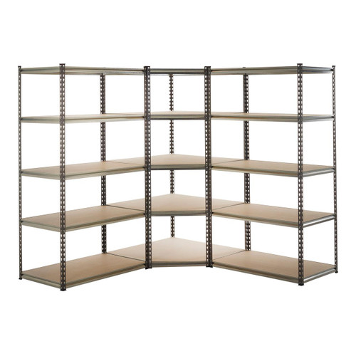 Mammoth Shelving GPC 5 Shelf Mammoth Metal Shelving System, large multi-tier steel shelving unit with beige shelves and black metal frame.