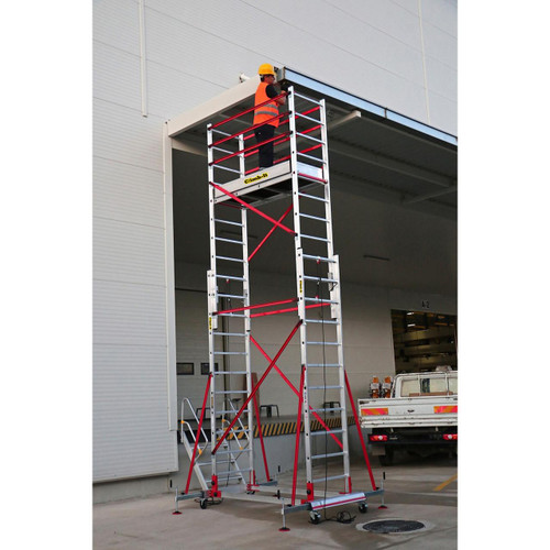 Climb IT GPC 4.7 to 7.2m Climb-It Extenda Scaffold Platform Tower, a versatile portable aluminum scaffolding tower with adjustable height, safety rails, and stability braces, designed for construction and maintenance work.