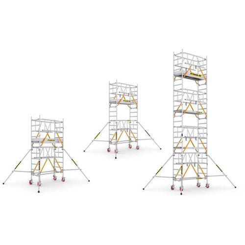 Climb IT GPC 3.5 to 7.5m Climb-It Ultra Scaffold Platform Tower, portable aluminum scaffold towers in three different heights with wheels and stabilizing bars for construction and maintenance work.