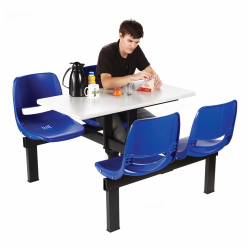 GPC 2, 4 or 6 Seat Canteen Table, a modern cafeteria table with a white tabletop and blue plastic seats.