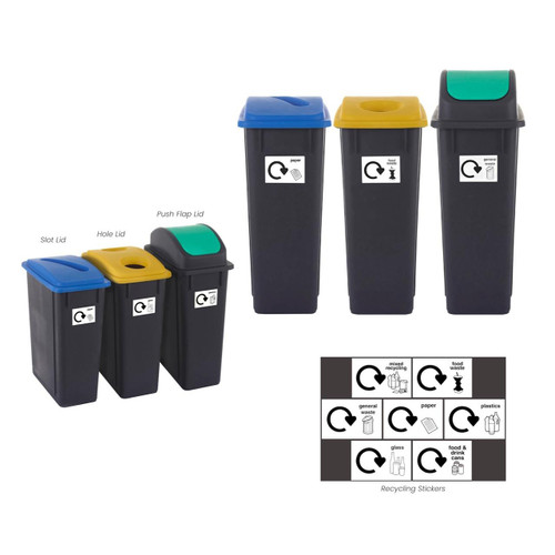 GPC Set of 3 x 65 or 90 Litre Office Recycling Bins With Lids, black recycling bins with colored lids for paper, food waste, and general waste.