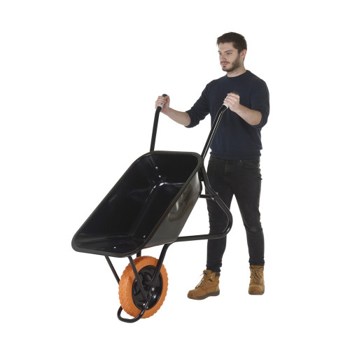 Olympus Wheelbarrow Black Frame, Black Pan, Orange Puncture Proof Wheel with Black Centre Olympus Wheelbarrow Black Frame, Black Pan, Orange Puncture Proof Wheel with Black Centre