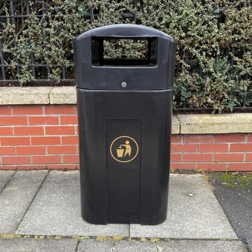 Roadware Langdale 90 Litre Square Hooded Litter Bin, black outdoor waste disposal bin with hood, plastic trash can with recycling symbol, designed for public places.