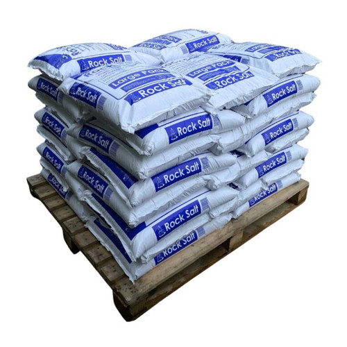 Grit Rock Salt 10 / 20 / 40 x 25kg Bags of Brown Rock Salt, stacked on a wooden pallet for bulk distribution.