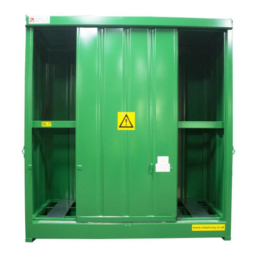 Emtez DPU32-8 32 Drum / 8 IBC Bunded Storage Cabinet, green metal storage cabinet for hazardous materials with warning labels and safety features.