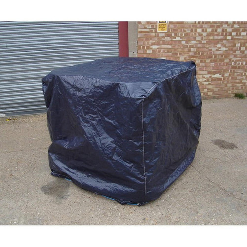 Fentex 4 Drum Bund Flexible Rain Cover BPSE4/RC, a protective waterproof cover for outdoor drums, shown covering a large container on a paved surface against a brick wall.