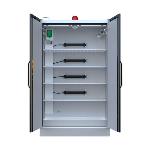Emtez 2 Door LithiumVault FirePro® Three-Phase Battery Charging Cabinet with Control Panel, front view showing internal shelves, electrical components, and connection panels.