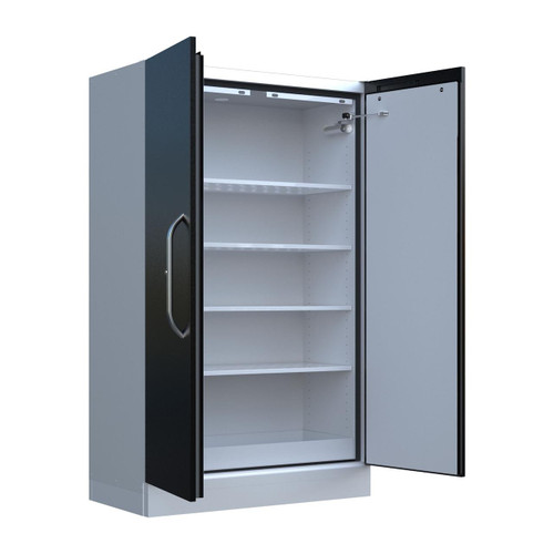 Emtez 2 Door LithiumVault Battery Storage Cabinet, a gray and black secure cabinet with interior shelving for battery storage solutions.