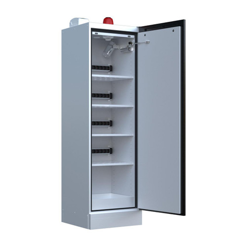 Emtez 1 Door LithiumVault FirePro® Battery Charging Cabinet with Control Panel, a secure electrical cabinet with neatly organized shelves and power outlets for battery management.
