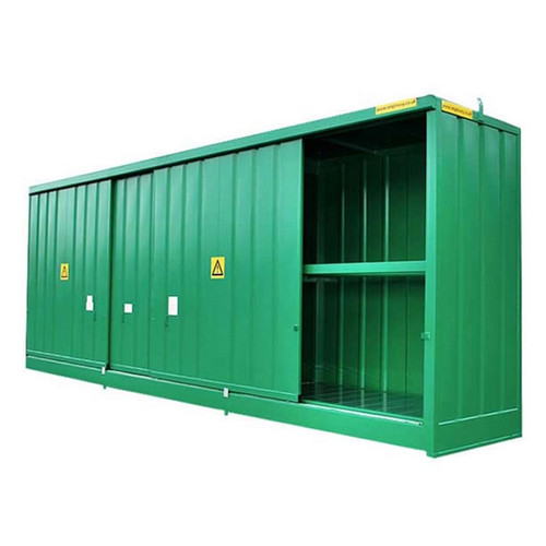 Emtez DPU48-12 48 Drum / 12 IBC Bunded Storage Cabinet, green industrial storage cabinet with multiple shelves designed for safe storage of drums and IBC containers.