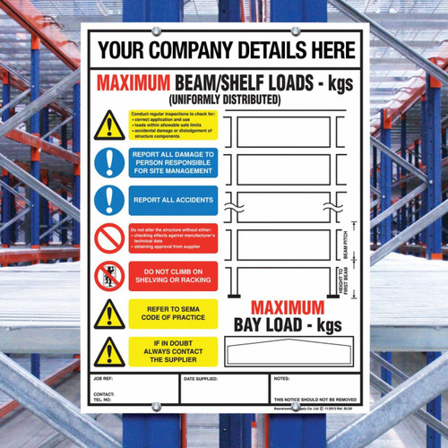 Beaverswood Warehouse Racking Weight Load Notices, industrial safety sign with instructions and warnings for warehouse storage racks.