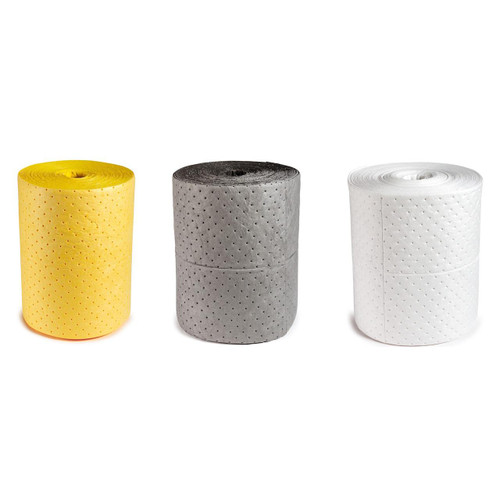FyterTech 50 x 40cm Extra Heavy Weight Single Lam Absorbent Roll, three rolls in yellow, gray, and white, designed for industrial or commercial absorbent needs.