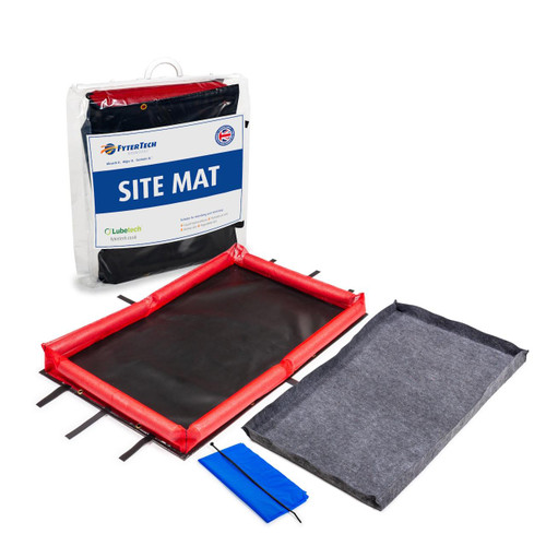 FyterTech 600 x 1000mm Oil Absorbent Site Mat & Liner Kit, components including a black absorbent mat, a red and black lined border, filter sheet, and storage bag, designed for absorbing and containing oil spills on-site.