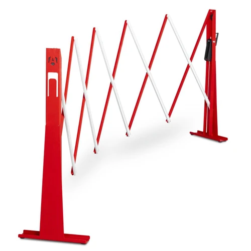 Armorgard Barricade Expanding Barrier, adjustable safety barrier with red and white expandable sections and sturdy red base for construction site safety.