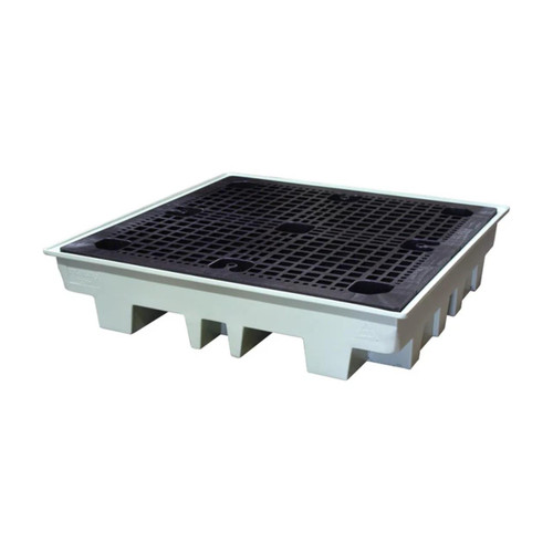 Romold CLEARANCE 4 Drum Low Profile Bunded Spill Pallet 230ltr Sump BP4L, plastic spill containment pallet with black grid surface and low profile design for safe storage of drums.