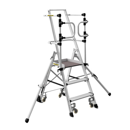 Climb IT GPC 3 to 8 Tread CLIMB-IT Weight-Reactive Folding Podium Steps, a portable, adjustable platform with safety rails and wheels for secure elevated access in industrial or maintenance environments.