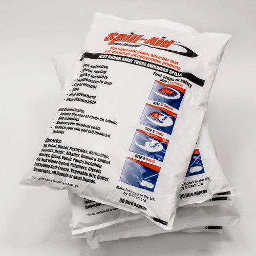FyterTech 35 or 70 x 30 Litre Bags Spill Aid Powder Absorbent Granules, image of white spill absorbent powder bag with usage instructions and safety steps printed on it.