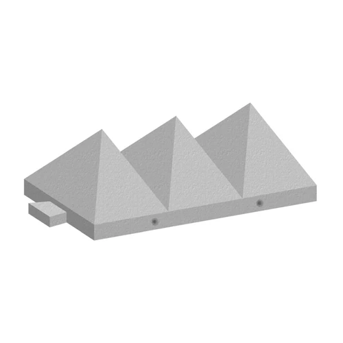 Site Supplies Tank Trap Concrete Pyramid Barriers, gray concrete pyramid-shaped barriers with a flat base and a small rectangular protrusion on one side for securing or anchoring.