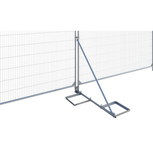 ZND Windbreak Stabilising System for Temporary Heras Fencing, adjustable metal support with base plate and diagonal brace for stability.