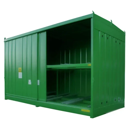 Emtez DPU64-16 64 Drum / 16 IBC Bunded Storage Cabinet, green metal enclosure with sliding doors designed for safe storage of drums and IBC tanks.