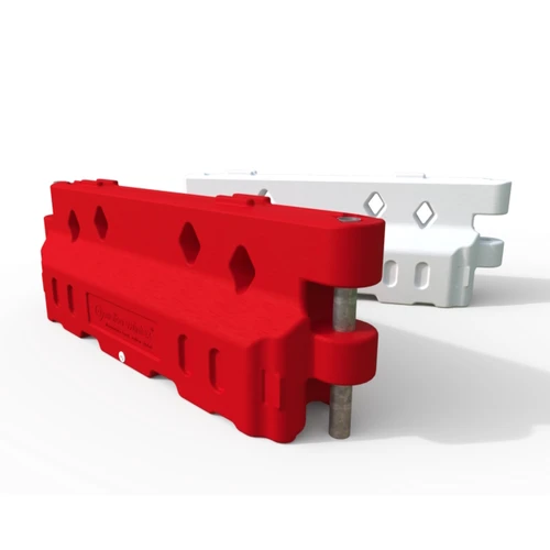 Melba Swintex Defender50 50MPH Water Filled Crash Tested Barrier 440kg, image showing a modular crash barrier with red and white reflective markings designed for road safety