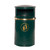 Melba Swintex Nickleby Heritage Post / Wall Litter Bin 35 Litre, green waste receptacle with a golden stripe and graffiti symbol, designed for outdoor waste disposal.