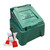 Excelsior 200 Litre 250kg Green Heavy Duty Grit Bin - Optional Salt, large green plastic grit bin with lid labeled 'GRIT' and a bag of de-icing salt with red shovels outside.